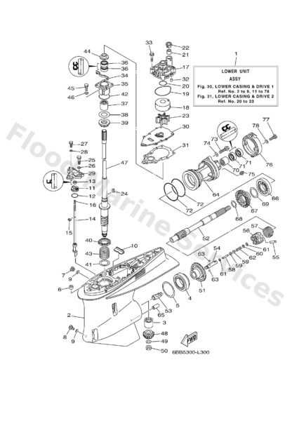 Genuine Yamaha 6BB45300008D - Lower unit assy - Supplied by Flood Marine